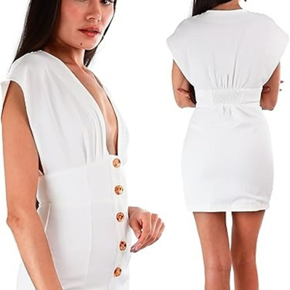 Moodie White V Neck Button Front Crepe Mini Dress M